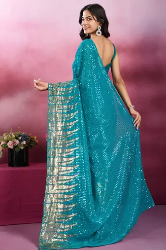 Rama and gold sequins embroidered georgette party wear saree with blouse piece