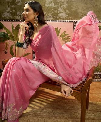 Pink chiffon embroidered saree with unstitched blouse piece 1