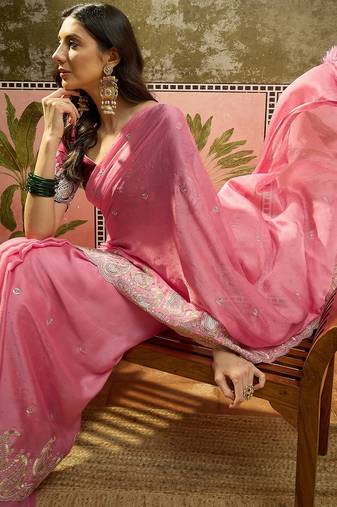 Pink chiffon embroidered saree with unstitched blouse piece