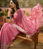 Pink chiffon embroidered saree with unstitched blouse piece