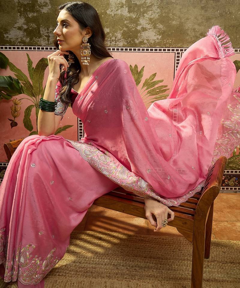 Pink chiffon embroidered saree with unstitched blouse piece