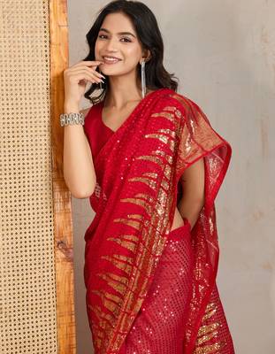 Red and gold sequins embroidered georgette party wear saree with blouse piece 2