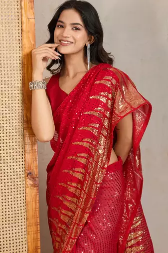 Red and gold sequins embroidered georgette party wear saree with blouse piece