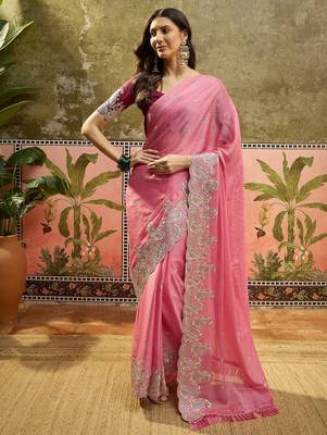 Pink chiffon embroidered saree with unstitched blouse piece 2