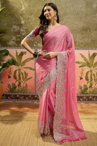 Pink chiffon embroidered saree with unstitched blouse piece