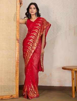 Red and gold sequins embroidered georgette party wear saree with blouse piece 3