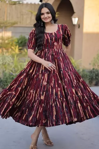 Women maroon & gold printed long dress with flared design