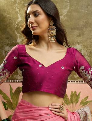 Pink chiffon embroidered saree with unstitched blouse piece 3