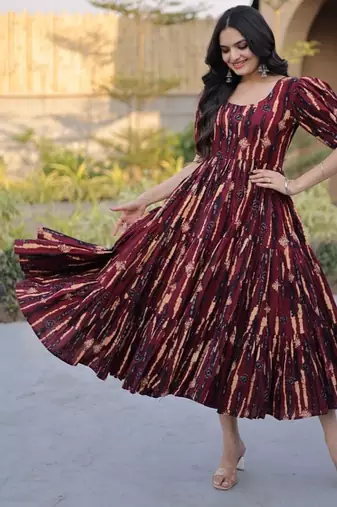 Women maroon & gold printed long dress with flared design