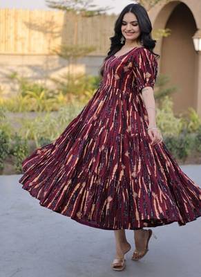 Women maroon & gold printed long dress with flared design 3
