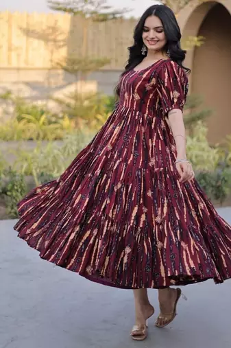 Women maroon & gold printed long dress with flared design