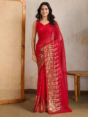 Red and gold sequins embroidered georgette party wear saree with blouse piece 1