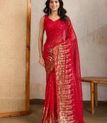 Red and gold sequins embroidered georgette party wear saree with blouse piece