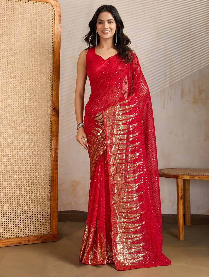 Red and gold sequins embroidered georgette party wear saree with blouse piece