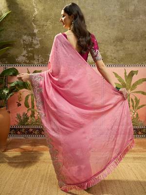 Pink chiffon embroidered saree with unstitched blouse piece 4