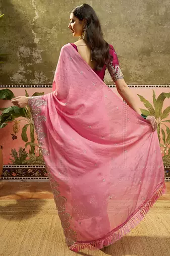Pink chiffon embroidered saree with unstitched blouse piece