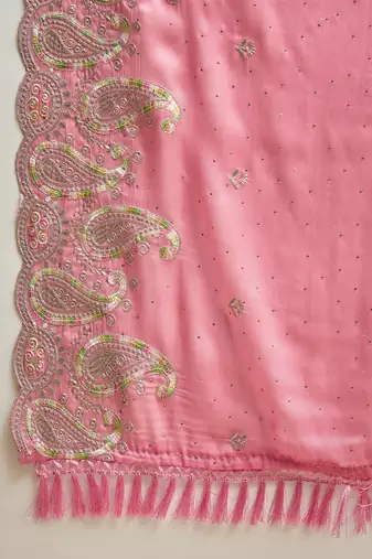 Pink chiffon embroidered saree with unstitched blouse piece