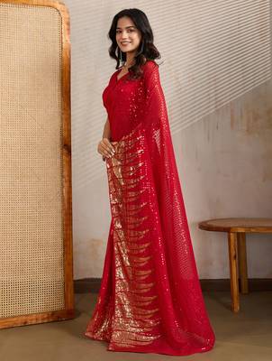 Red and gold sequins embroidered georgette party wear saree with blouse piece 4