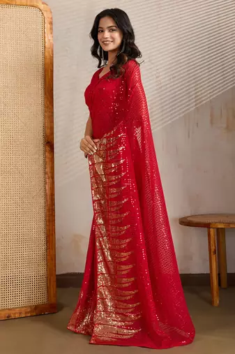 Red and gold sequins embroidered georgette party wear saree with blouse piece