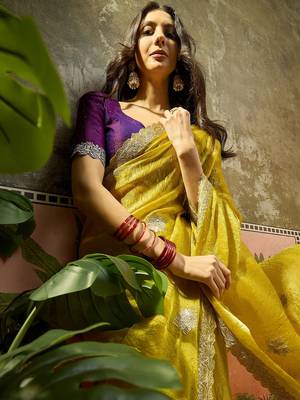 Neon silk blend chiffon embellished saree with unstitched blouse piece 1