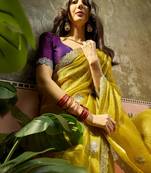 Neon silk blend chiffon embellished saree with unstitched blouse piece