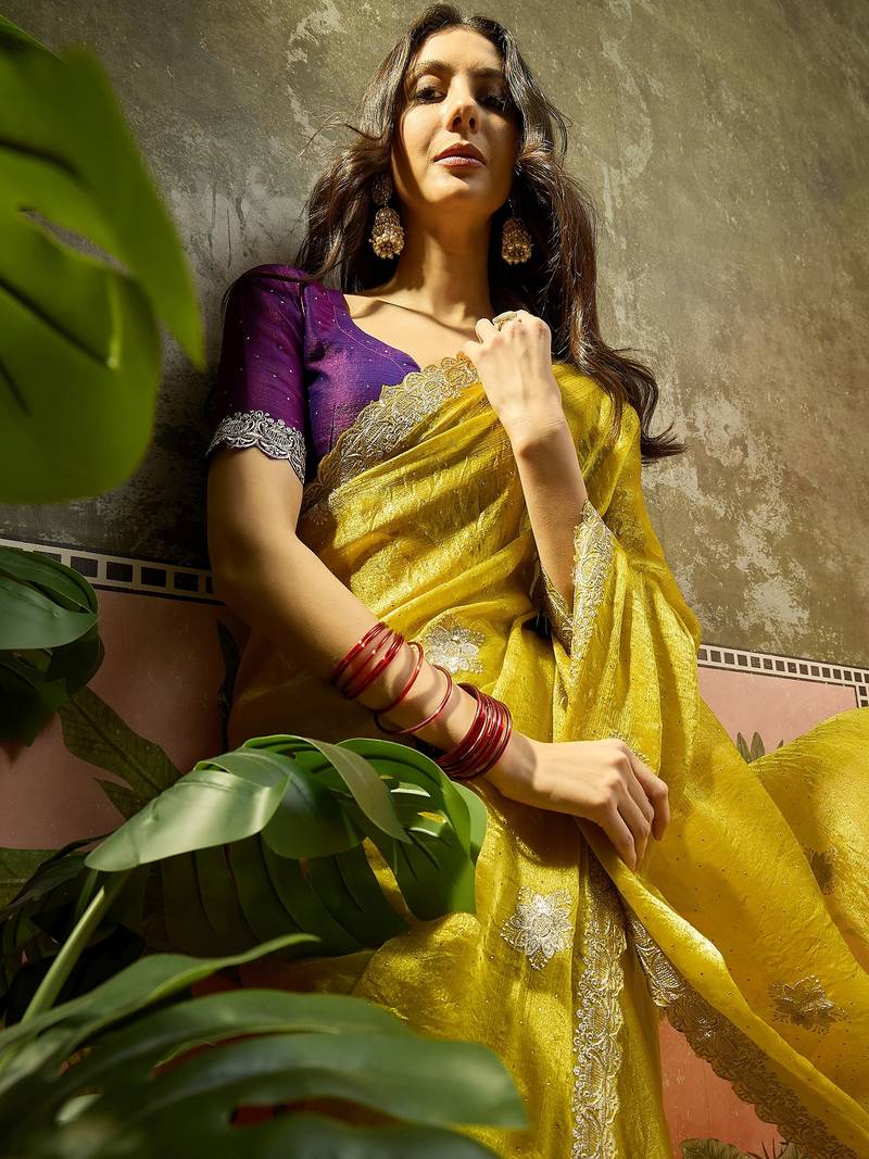 Neon silk chiffon embellished saree with unstitched blouse piece