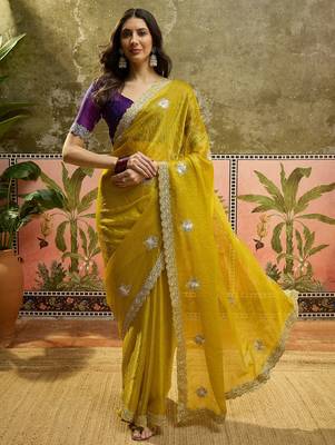 Neon silk blend chiffon embellished saree with unstitched blouse piece 2