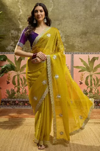 Neon silk blend chiffon embellished saree with unstitched blouse piece
