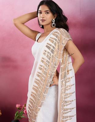 White and gold sequins embroidered georgette party wear saree with blouse piece 2