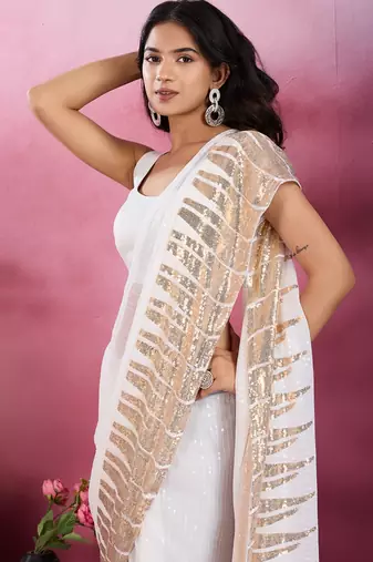 White and gold sequins embroidered georgette party wear saree with blouse piece