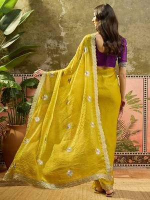 Neon silk blend chiffon embellished saree with unstitched blouse piece 3