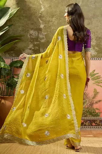 Neon silk blend chiffon embellished saree with unstitched blouse piece