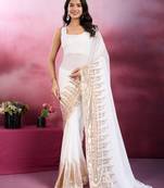 White and gold sequins embroidered georgette party wear saree with blouse piece
