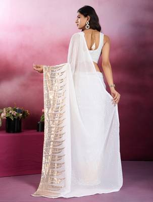 White and gold sequins embroidered georgette party wear saree with blouse piece 4