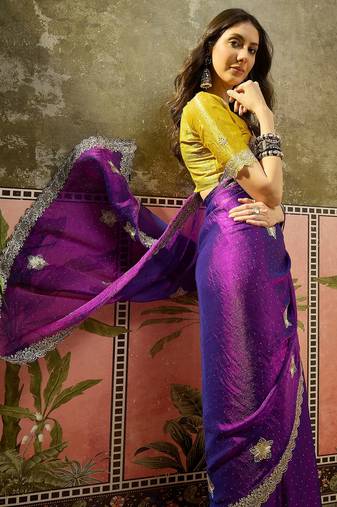 Purple silk chiffon embellished saree with unstitched blouse piece