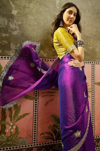 Purple silk chiffon embellished saree with unstitched blouse piece