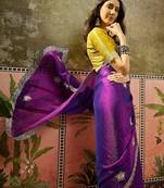 Purple silk blend chiffon embellished saree with unstitched blouse piece