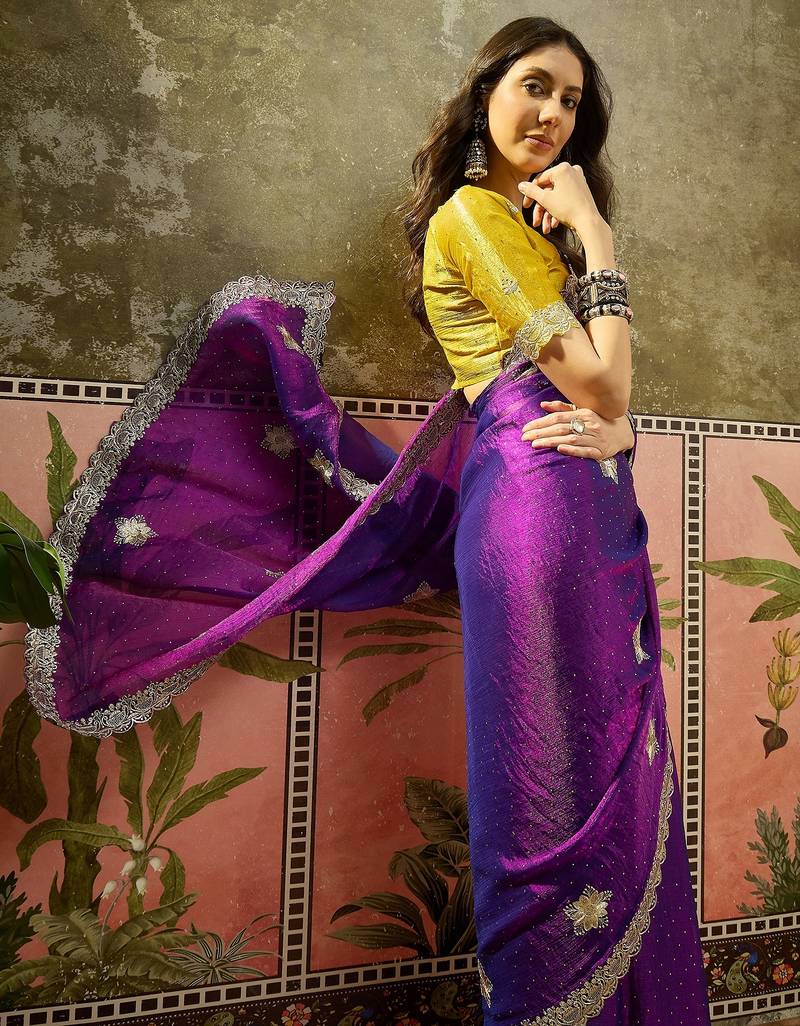 Purple silk chiffon embellished saree with unstitched blouse piece