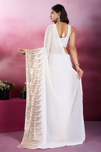 White and gold sequins embroidered georgette party wear saree with blouse piece