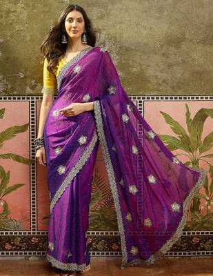Purple silk blend chiffon embellished saree with unstitched blouse piece 2