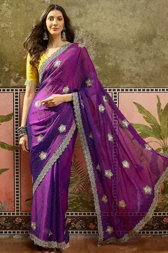Purple silk blend chiffon embellished saree with unstitched blouse piece
