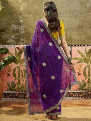 Purple silk blend chiffon embellished saree with unstitched blouse piece 3