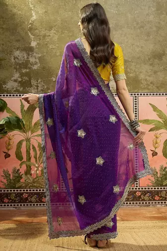 Purple silk blend chiffon embellished saree with unstitched blouse piece