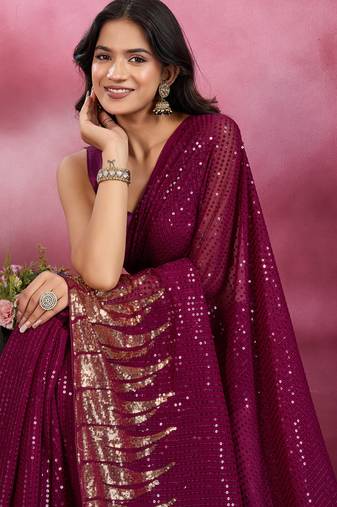 Wine and gold sequins embroidered georgette party wear saree with blouse piece
