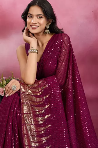 Wine and gold sequins embroidered georgette party wear saree with blouse piece
