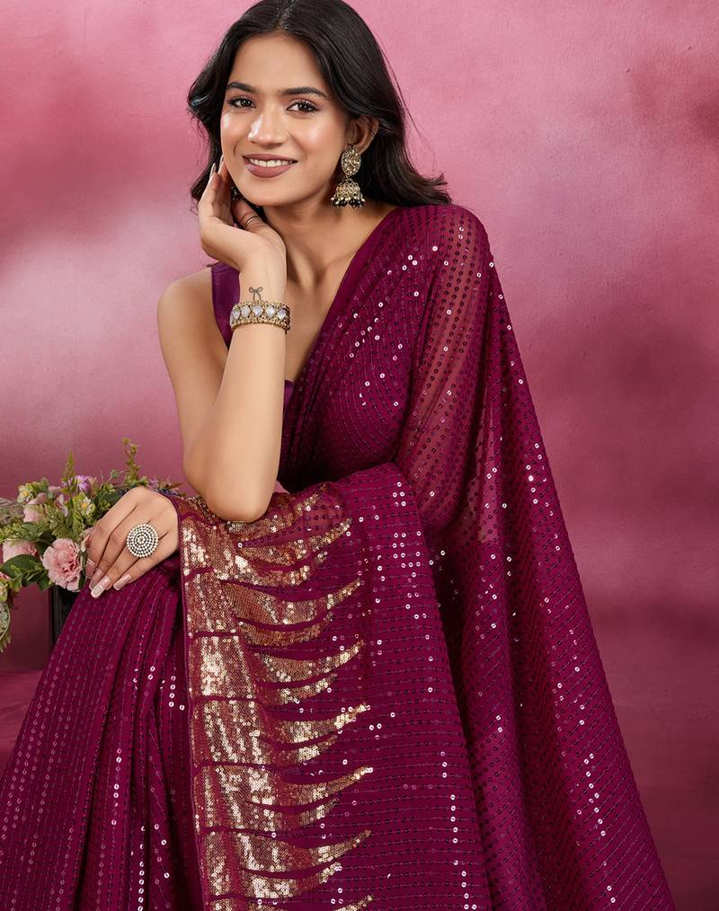 Wine and gold sequins embroidered georgette party wear saree with blouse piece
