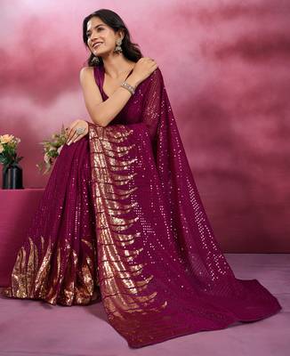 Wine and gold sequins embroidered georgette party wear saree with blouse piece 2