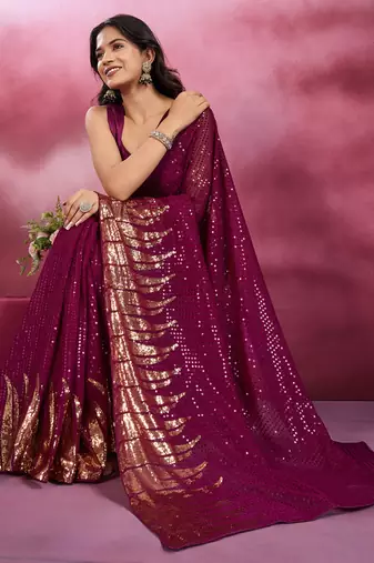 Wine and gold sequins embroidered georgette party wear saree with blouse piece