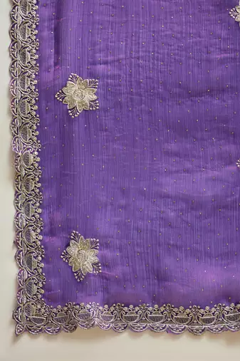 Purple silk blend chiffon embellished saree with unstitched blouse piece