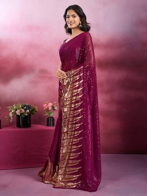 Wine and gold sequins embroidered georgette party wear saree with blouse piece 3